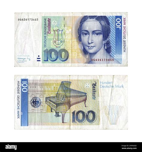 Vintage Germany 100 mark money banknote isolated on white background. Used German Deutche Mark ...