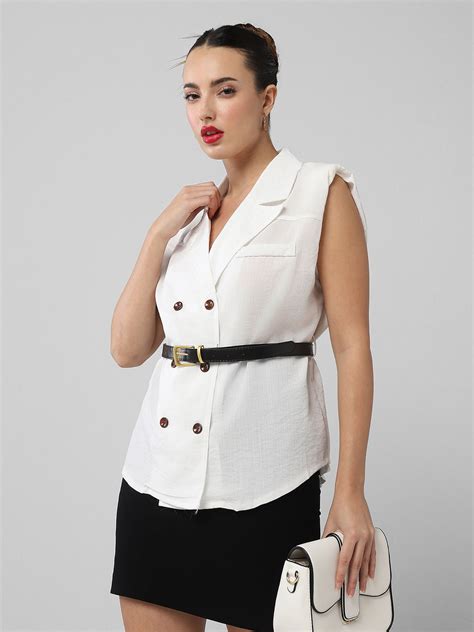 SHOWOFFFF Edition Women's White Solid Blazer Top with Belt