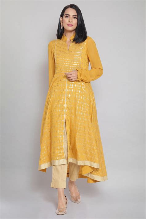 Buy Mustard Band Collar Printed Flared kurta Online for Woman | Shop ...