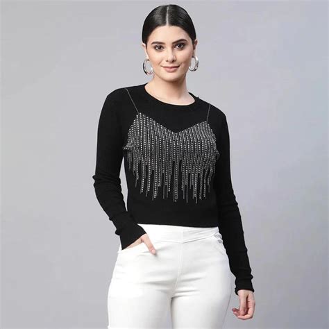 Women Mustard Round Neck Striped Regular Fit Pullover (black) – Being Iban