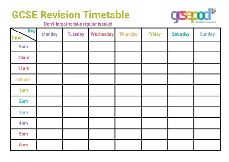 Image result for GCSE Revision Timetable Example