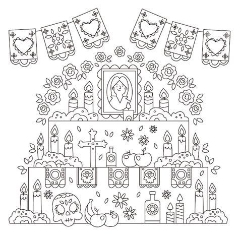 Hand drawn dia de muertos altar coloring page illustration | Free Vector