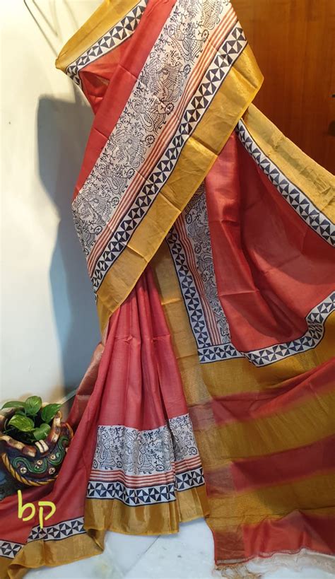 Red Yellow Block Printed Zari Border Pure Silk Mark Certified Tussar S ...