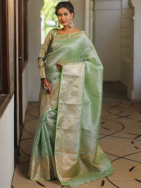 Banarasee Handwoven Crushed Tissue Saree-Green