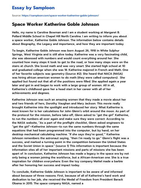 ≫ Space Worker Katherine Goble Johnson Free Essay Sample on Samploon.com