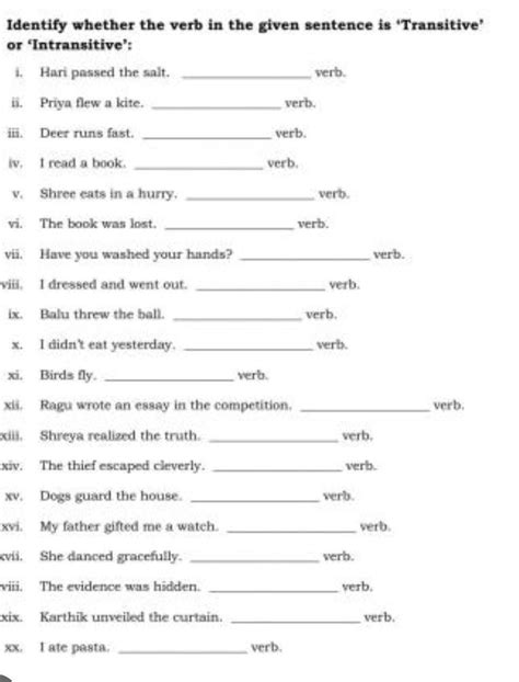 Please give a worksheet for transitive and intransitive verb class 7 ...