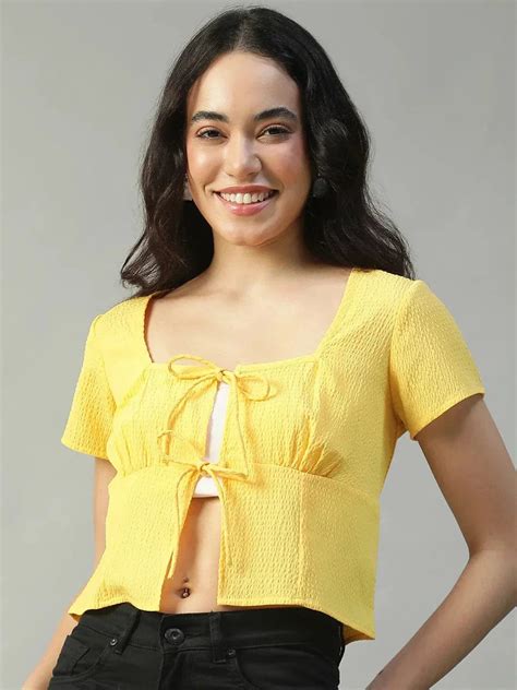 Buy Electric Solid Yellow Tie-Up Detail Short Sleeve Seersucker Dobby ...