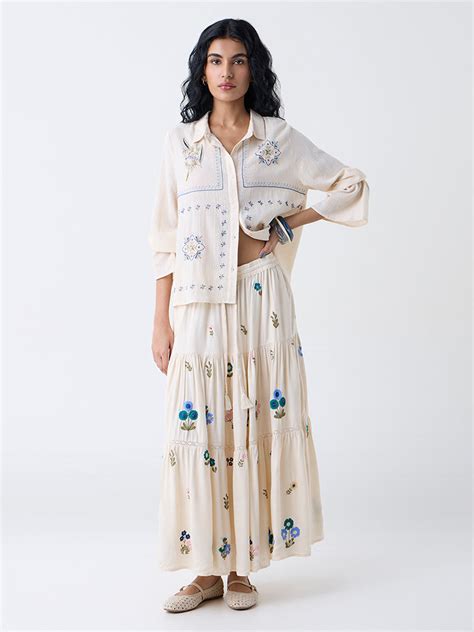 Buy Bombay Paisley Off-White Floral Embroidered Tiered Skirt from Westside
