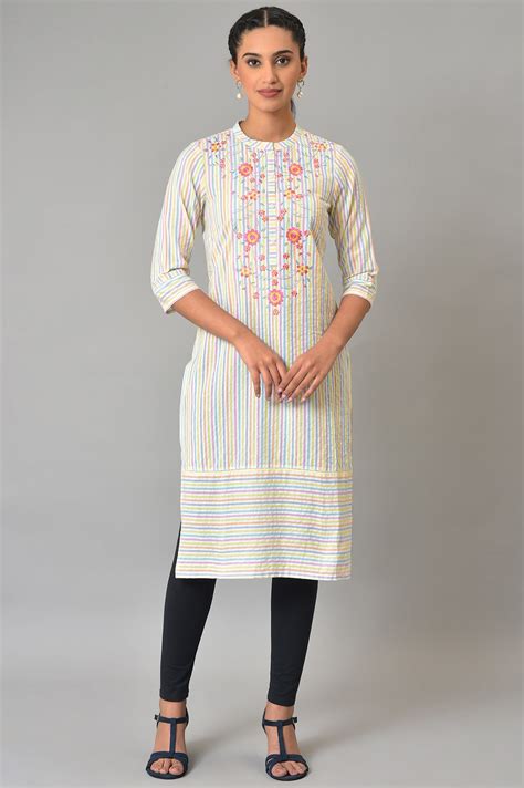 Buy Multi-Coloured Stripe Printed Embroidered kurta Online for Woman ...
