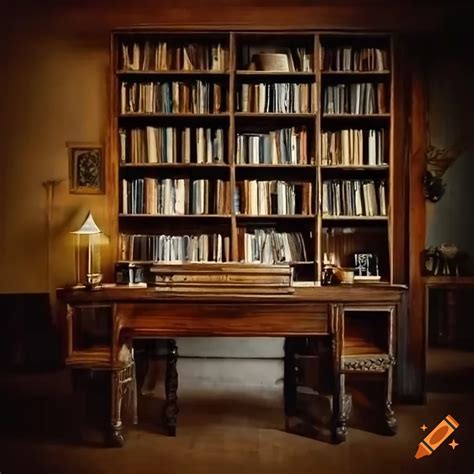 Vintage home office with a bookshelf full of books on Craiyon