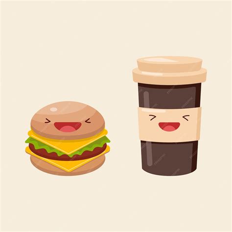 Burger et tasse de boisson à emporter, illustration mignonne d'icône ...