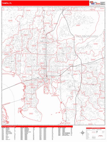 Tampa Florida Zip Code Wall Map (Red Line Style) by MarketMAPS