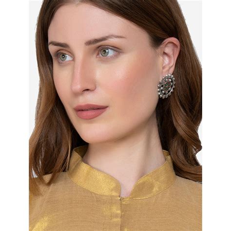 Buy SHOSHAA Silver-Plated Green-Red Color Oxidised Studs Earrings Online