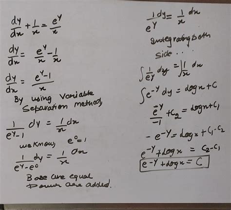 Find the general solution of the differential equation dy/dx+1x=e^y/x ...