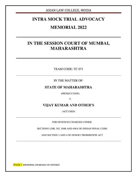 Defence - Defenece memorial - INTRA MOCK TRIAL ADVOCACY MEMORIAL 2022 ...