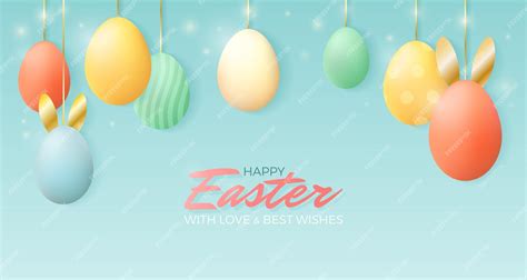 Premium Vector | Happy easter background with colorful eggs on golden strings bunny ears text ...