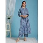 Blue Pink Printed Cotton Embroidered Kurta
