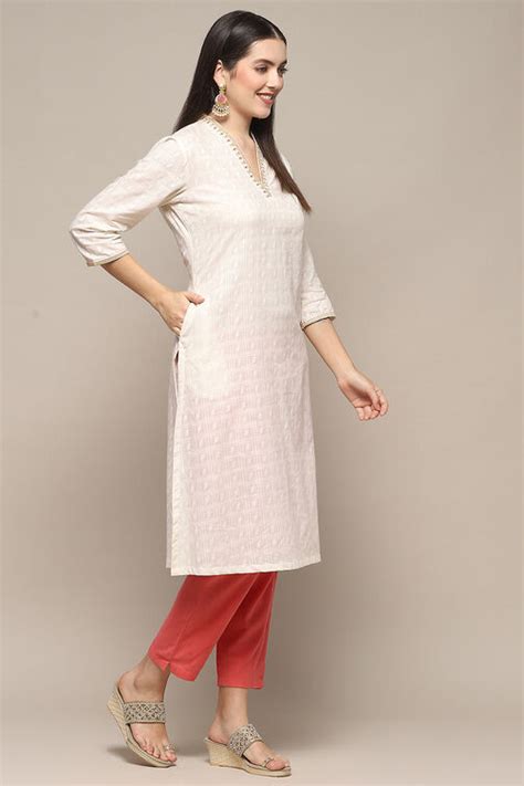 Off White Cotton Straight Kurta at Biba India