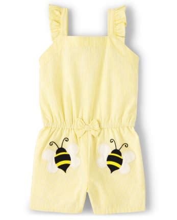 Girls Short Sleeve Embroidered Bee Flutter Seersucker Woven Romper ...