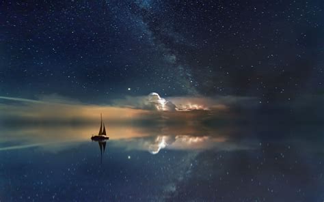 Download wallpaper 3840x2400 starry sky, boat, reflection, sail, night ...