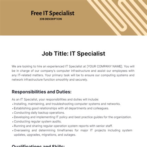 Free IT Specialist Job Description Template to Edit Online