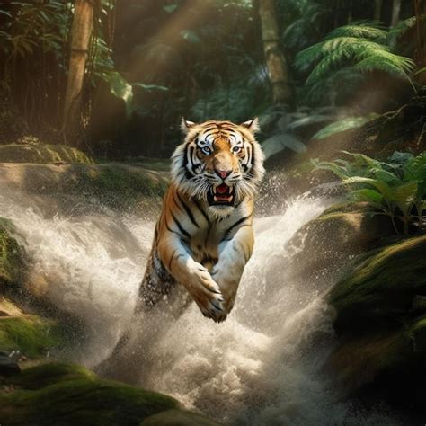 Tiger running through water in a jungle with sunlight streaming through ...