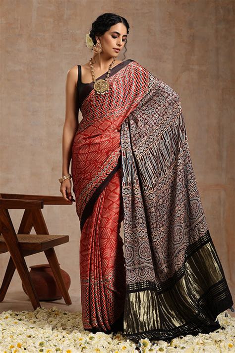 Riyaz Khatri Red Ajrakh Hand Block Print Modal Tissue Pallu Saree ...