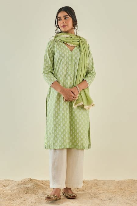 Buy Green Cotton Floral Motifs V Neck Printed Kurta Sharara Set For ...