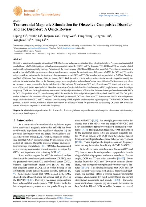 Efficacy and Safety of Deep Transcranial Magnetic Stimulation for Obsessive-Compulsive Disorder: A Prospective Multicenter Randomized Double-Blind Placebo-Controlled Trial.