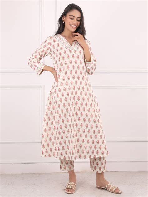 White Pink Hand Block Printed Cotton Kurta with Pants- Set of 2