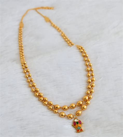Gold tone double layer ball chain with navarathna fish pendant dj-5008 ...