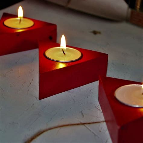 Handcrafted Wooden Teal Light Candle Holder (Set of 3) Triangle Shaped ...