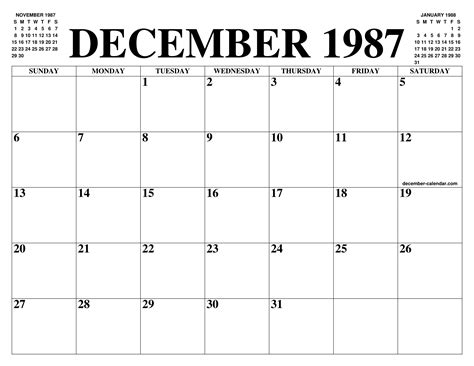 DECEMBER 1987 CALENDAR OF THE MONTH: FREE PRINTABLE DECEMBER CALENDAR ...