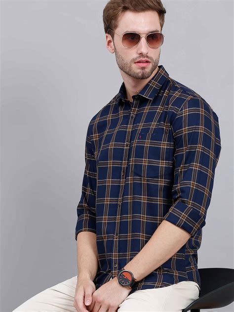 Buy Navy Oxford Slim Fit Men's Cotton Check Full Sleeves Shirts