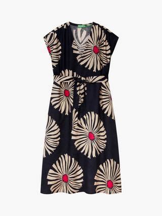 Benetton Floral V-Neck Flared Short Sleeve Linen Midi Dress