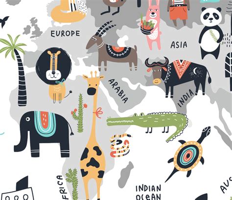 Animals World Map, Cute Kids Room Wallpaper Sparkla N Shine Series ...