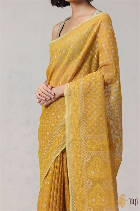 Pre-Order: Mustard Yellow Pure Cotton Jamdani Real Zari Banarasi Handl ...