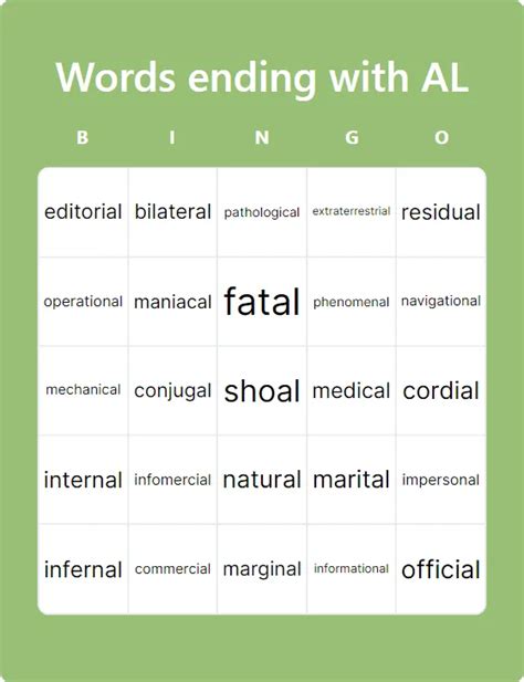 Words Ending With - Bingo Card Creator
