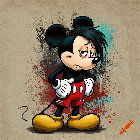Cartoon Mickey Mouse in emo style with a sad expression stands against ...