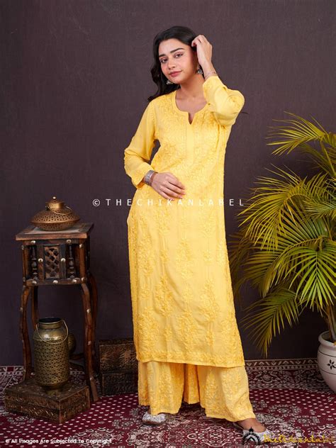 Yellow Zehna Modal Chikankari Kurta Set