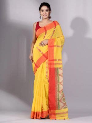 Buy CHARUKRITI Yellow Tissue Handwoven Saree with Red Border Without ...