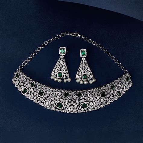 CZ Elegance Green and White Gems Necklace Set – VOYLLA