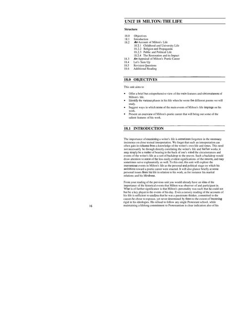 Unit-18Milton The Life - UNIT 18 MILTON: THE LIFE Structure 1 8 ...