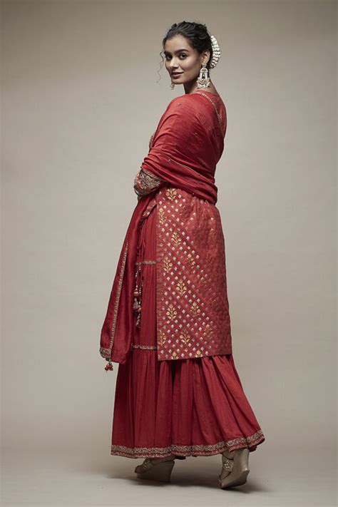 Red Cotton Blend Garara Suit Set at Biba India
