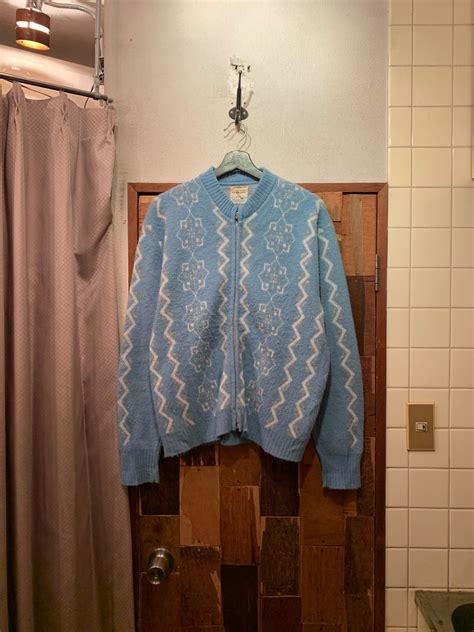 “Richman” 60’s vintage light blue acrylic design zip-up knit sweater ...