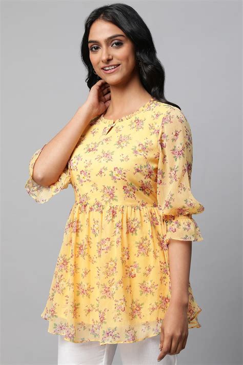 Buy Yellow Floral Print Flared Short Chiffon kurta Online for Woman ...