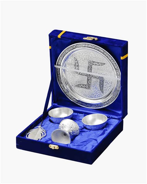 Silver Plated Pooja Thali Set with Diya & Bowls – Swastik Design Puja ...