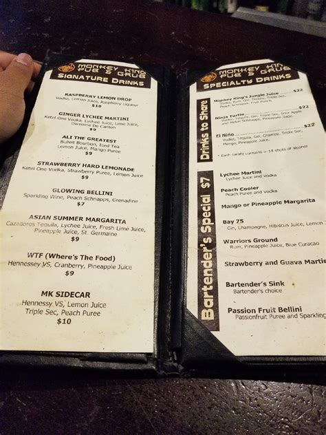 Menu at Monkey King Pub & Grub, Alameda