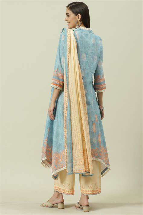 Pale Blue Printed Cotton Kalidar Suit Set