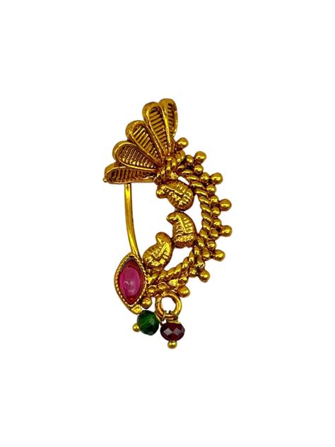 Maharashtrian Nath Antique Gold Plated Nose Pin Red & Green Colour ...